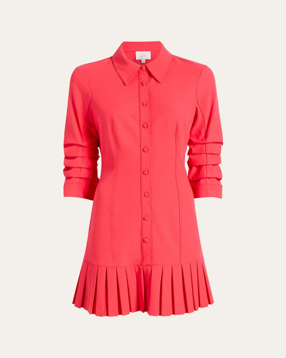 Lucilla Topstitched Pleated-Hem Mini Shirtdress